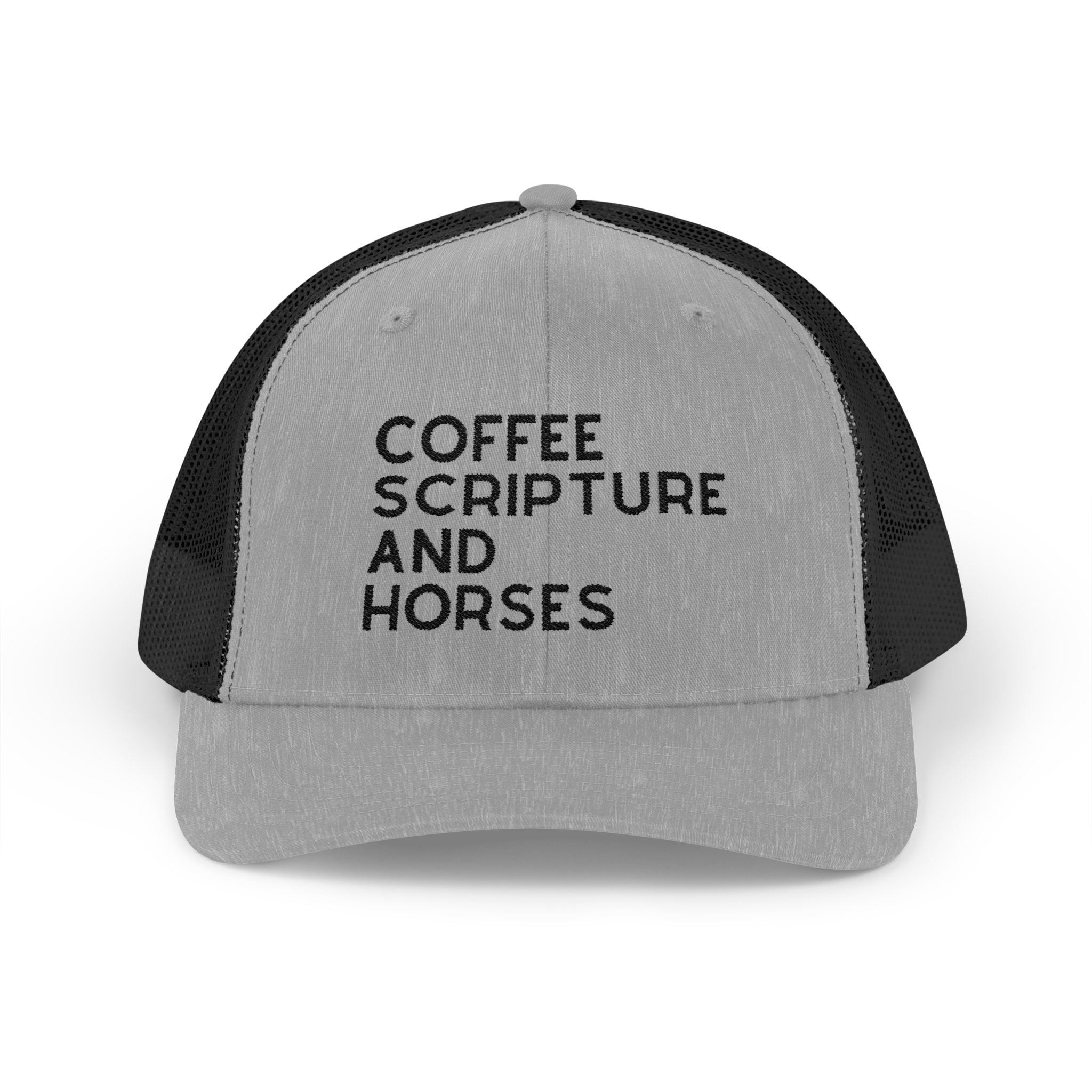 Embroidered Coffee Scripture and Horses Trucker Hat [23 Colors] Embroidered TCC Hat The Cinchy Cowgirl - Print Heather Grey / Black