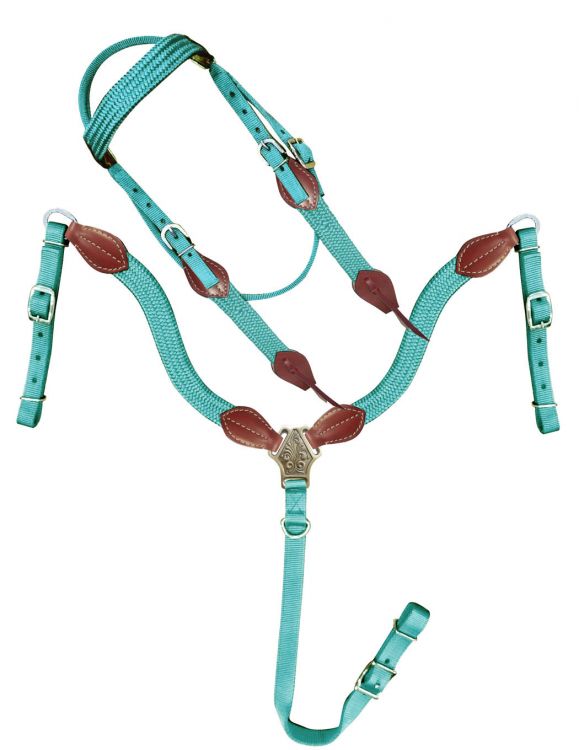 Nylon Colored with Leather Accented Headstall Sets headstall set Shiloh Teal  