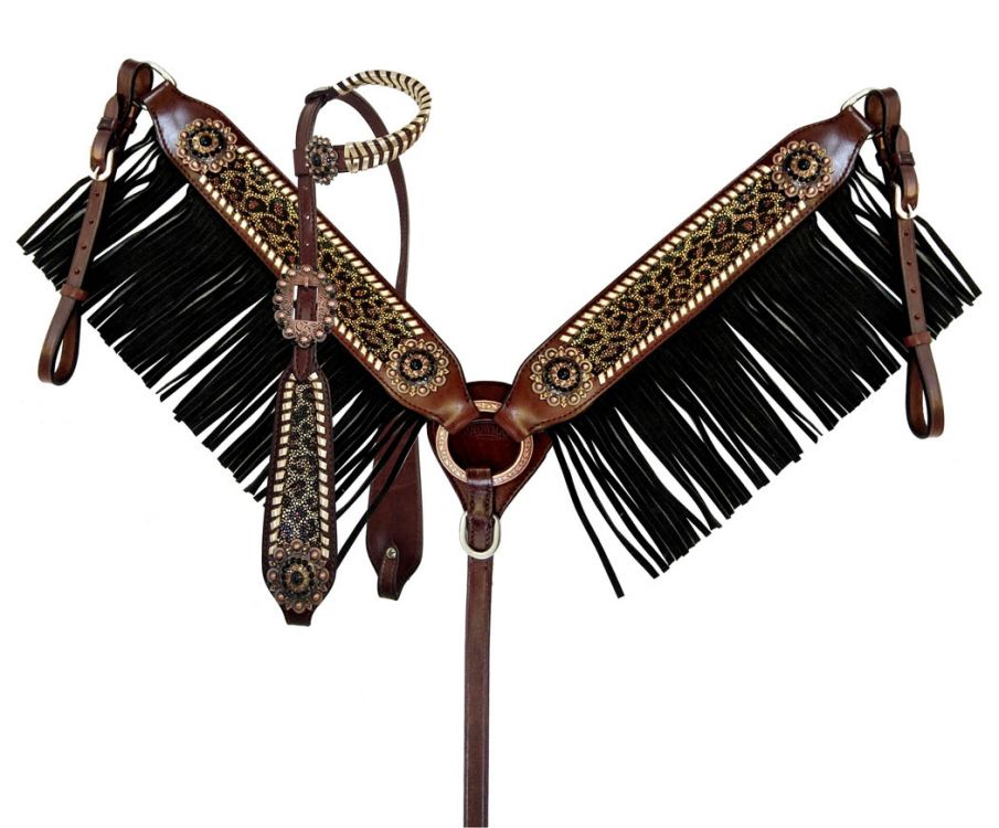 Cheetah & Black Suede Fringe Headstall Set headstall set Shiloh   