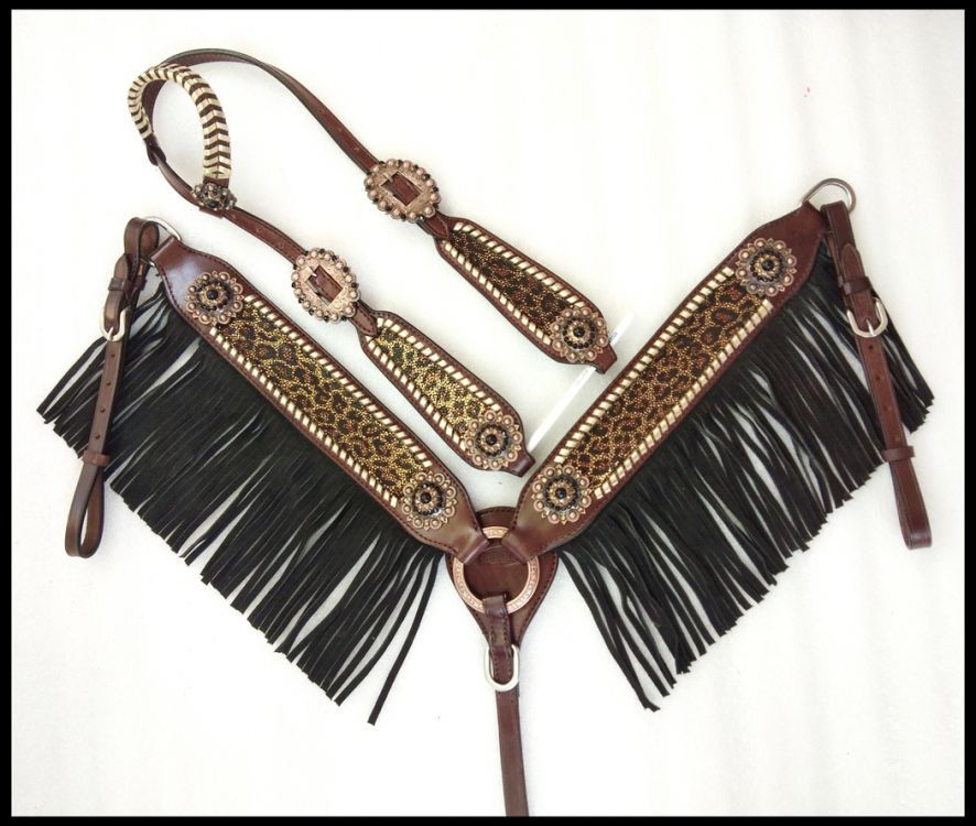 Cheetah & Black Suede Fringe Headstall Set headstall set Shiloh   