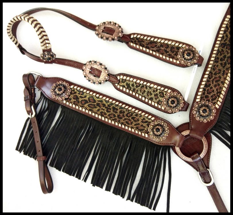 Cheetah & Black Suede Fringe Headstall Set headstall set Shiloh   