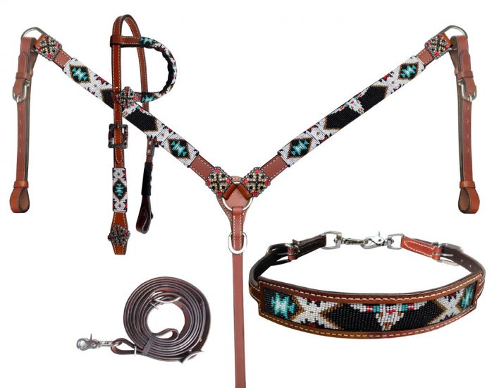 Southwest Beaded 4 Piece Headstall Set headstall set Shiloh   