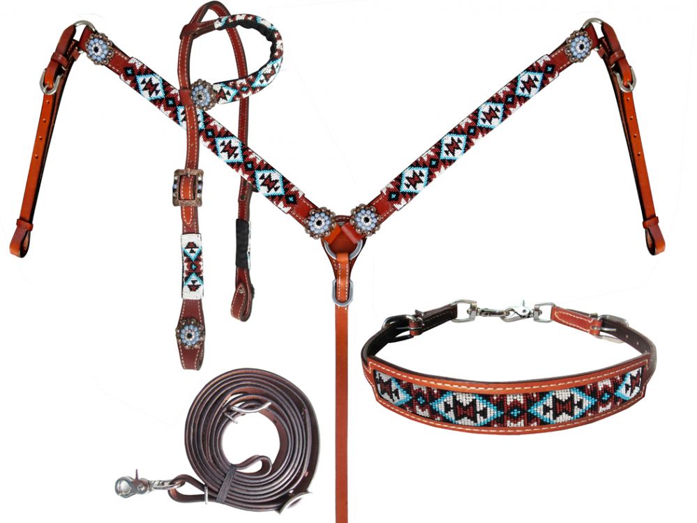 Medium Leather Beaded Southwest 4 Piece Headstall Set headstall set Shiloh   