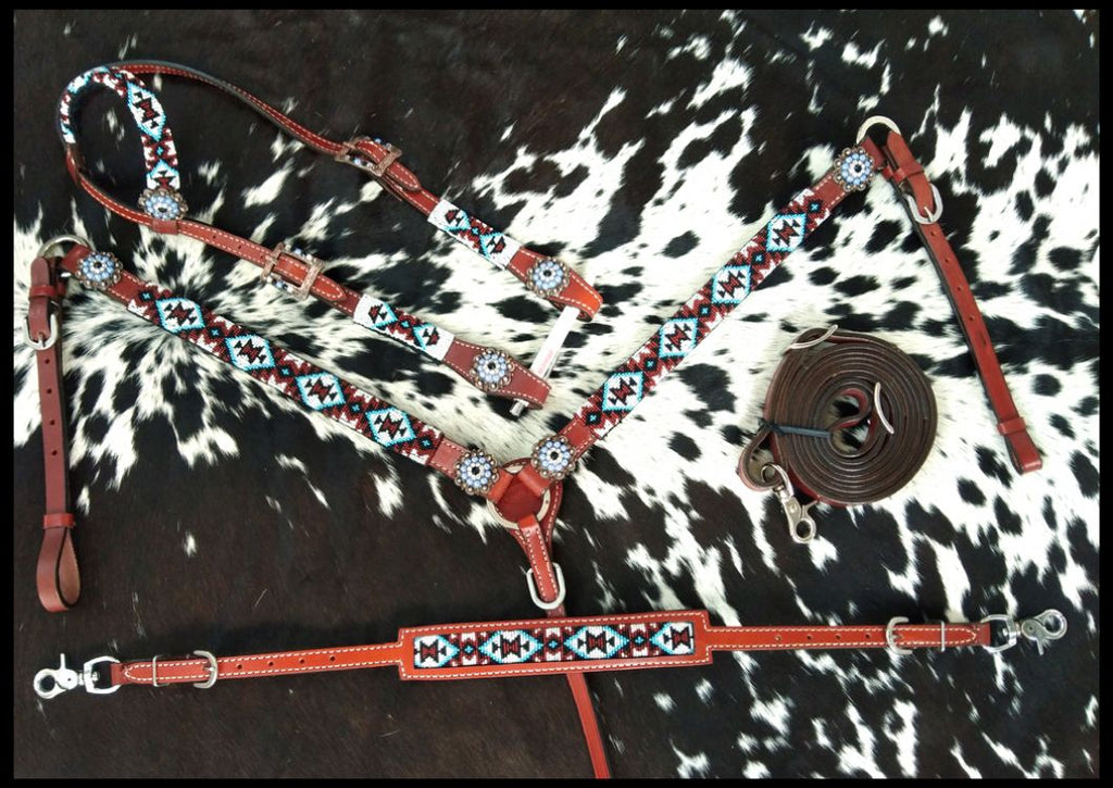 Medium Leather Beaded Southwest 4 Piece Headstall Set