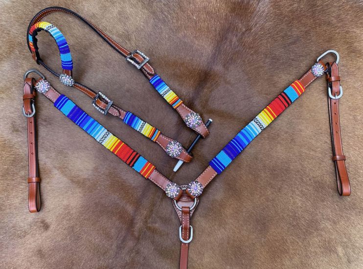 Red, Yellow, & Blue Beaded 4 Piece Headstall Set headstall set Shiloh   