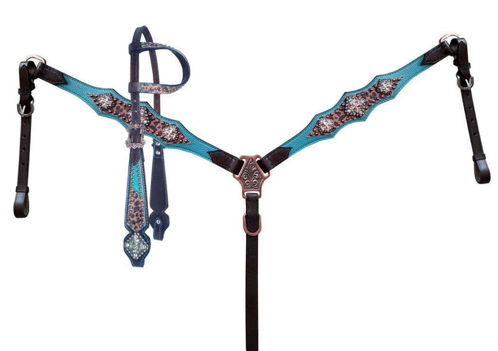 Cheetah Overlay & Teal Accent Headstall Set headstall set Shiloh   
