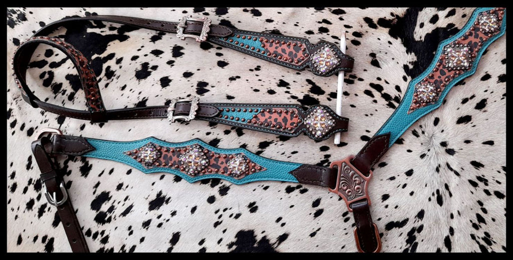 Cheetah Overlay & Teal Accent Headstall Set headstall set Shiloh   