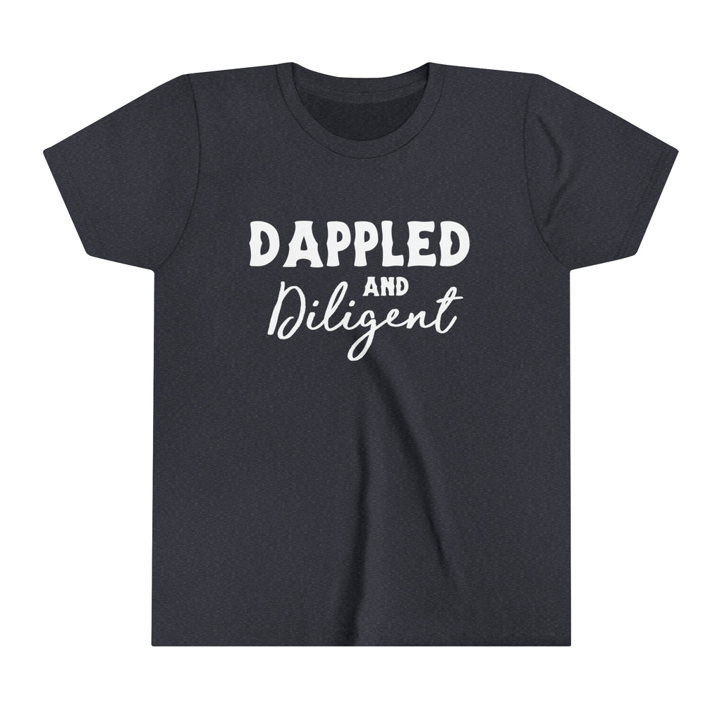 Navy youth short sleeve with white lettering reading "Dappled and Diligent". 