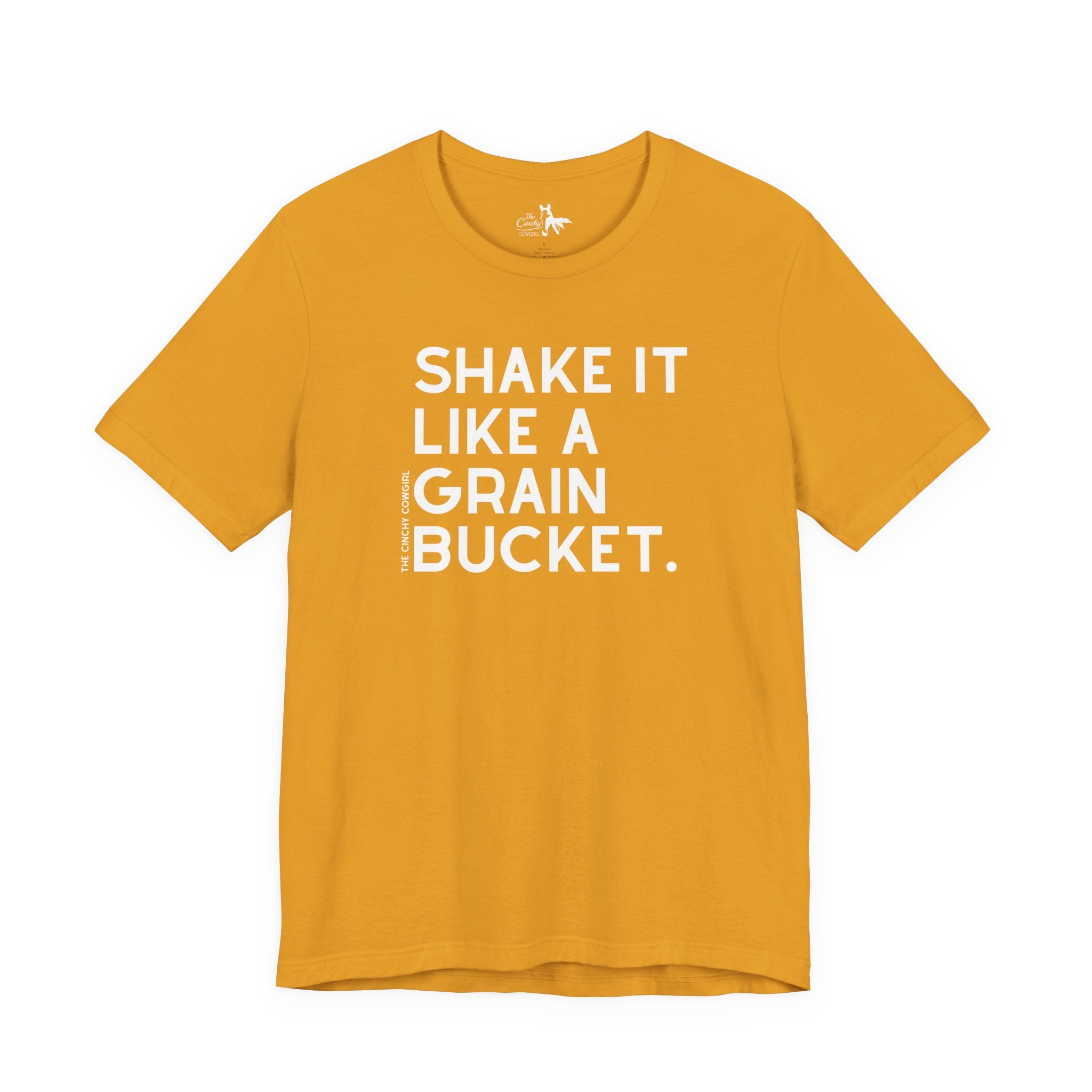 Shake It Like A Grain Bucket Short Sleeve Tee Graphic Tee The Cinchy Cowgirl - Print Mustard XS