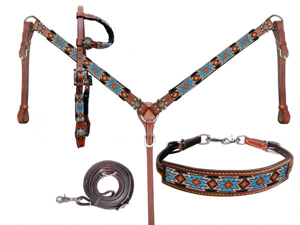 Turquoise & Orange Beaded Southwest 4 Piece Headstall Set headstall set Shiloh   