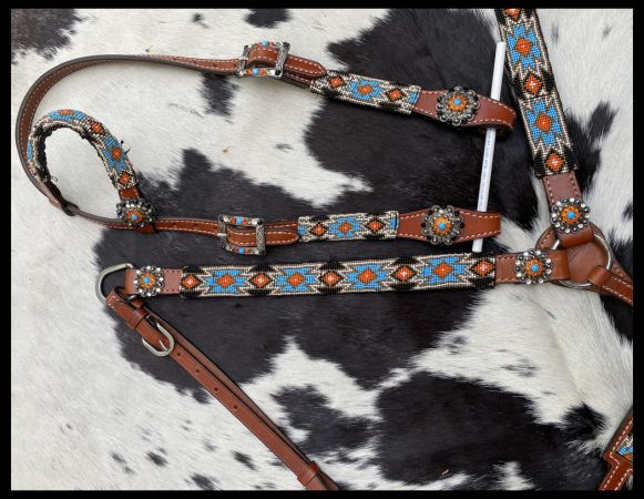 Turquoise & Orange Beaded Southwest 4 Piece Headstall Set headstall set Shiloh   