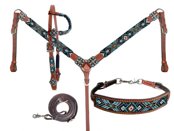 Turquoise Southwest Beaded 4 Piece Headstall Set headstall set Shiloh