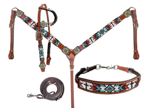 Beaded Cross Southwest 4 Piece Headstall Set headstall set Shiloh   