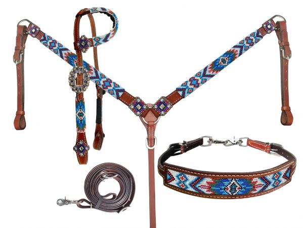 Southwest Beaded Blue & Red 4 Piece Headstall Set headstall set Shiloh   