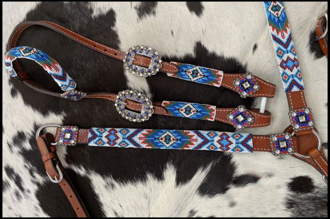 Southwest Beaded Blue & Red 4 Piece Headstall Set headstall set Shiloh