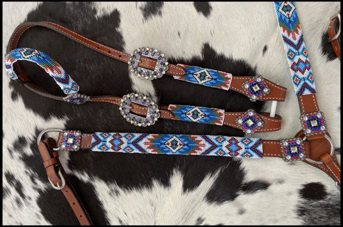 Southwest Beaded Blue & Red 4 Piece Headstall Set headstall set Shiloh   