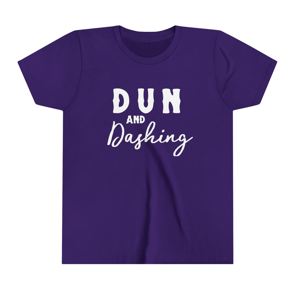 Purple youth short sleeve with white lettering reading "Dun and Dashing".