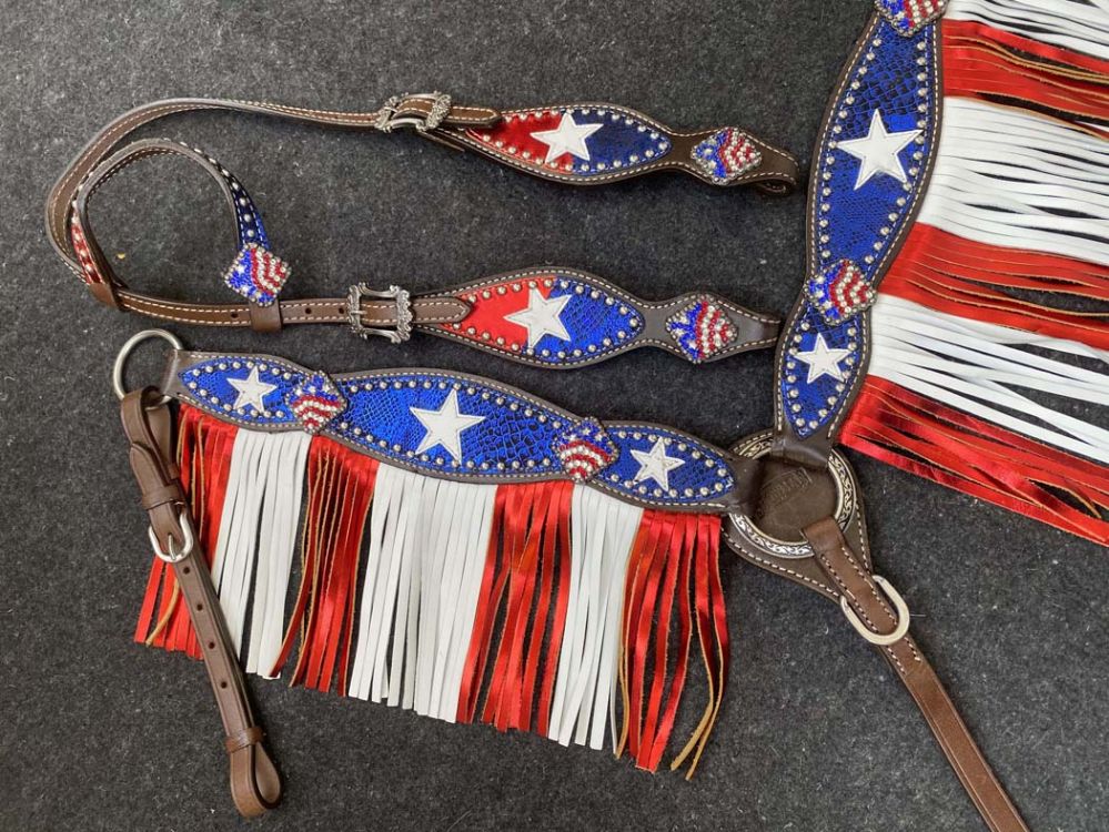 Red, White, & Blue Fringe Headstall Set headstall set Shiloh