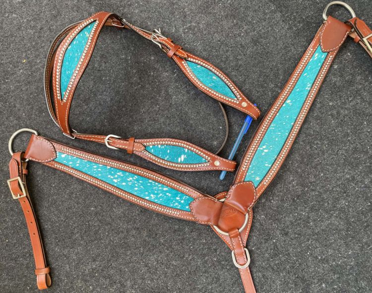 Teal Acid Wash Cowhide Headstall Set headstall set Shiloh   