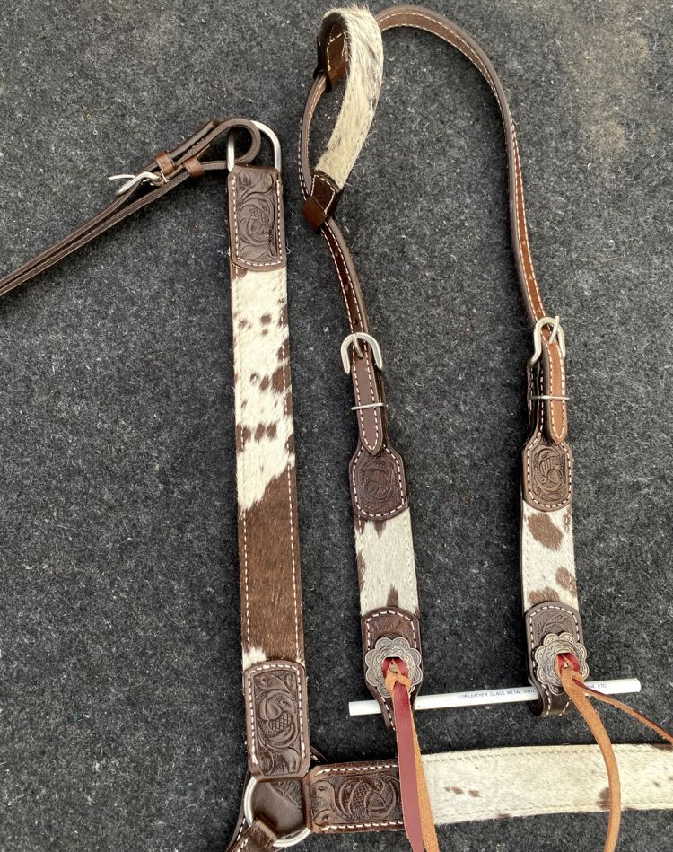 Brown & White Cowhide One Ear Headstall Set headstall set Shiloh