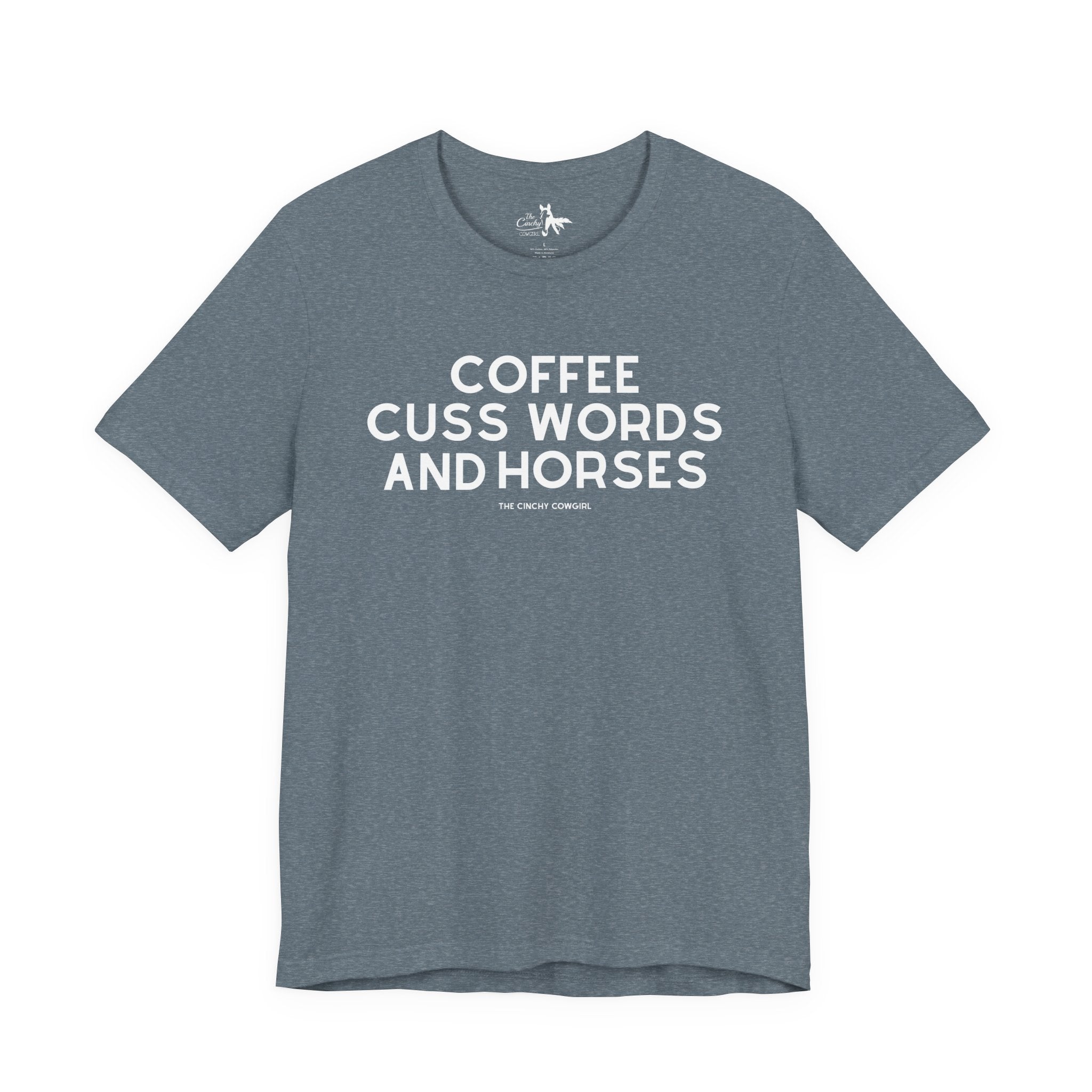 Coffee, Cuss Words And Horses Short Sleeve Tee T-Shirt The Cinchy Cowgirl - Print Heather Slate XS