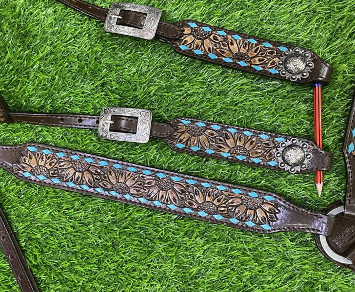 Sunflower Tooled & Rawhide Lacing Headstall Set