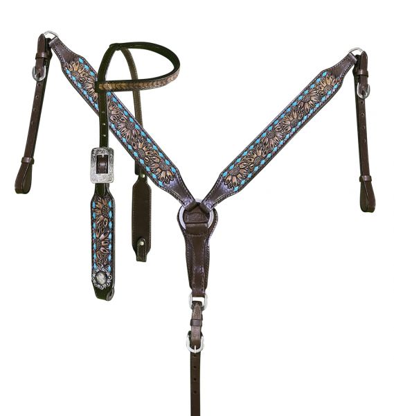 Sunflower Tooled & Rawhide Lacing Headstall Set