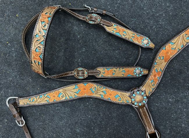 Floral Teal Underlay Headstall Set headstall set Shiloh   