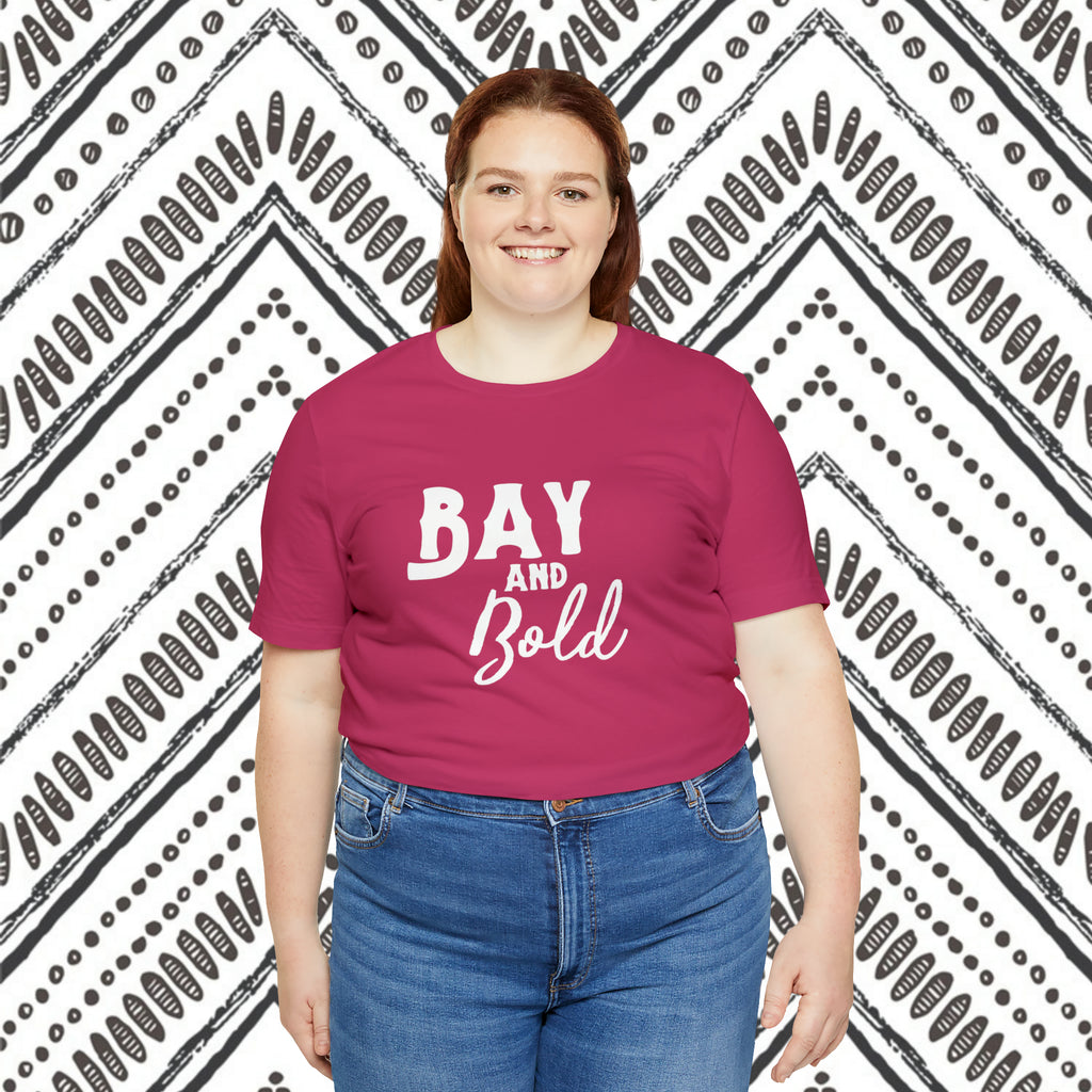 Berry plus size short sleeve with white lettering reading "Bay and bold".