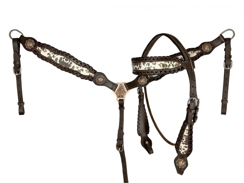 Dark oil western headstall set with cowhide inlay. Copper conchos are at the end of the leather work. Leather whip stitch wrap the edges of the headstall set. 