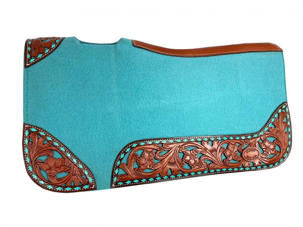 Teal Felt Tooled & Buckstitch Saddle Pad western saddle pad Shiloh