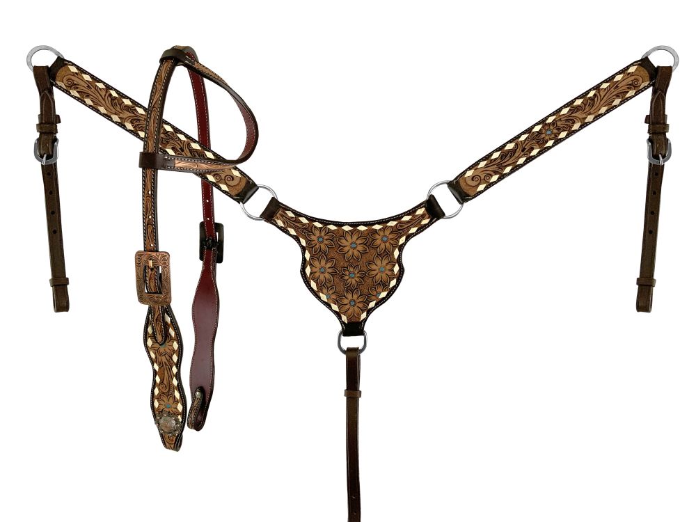 OUT OF STOCK Flower Tooled Buckstitch One Ear Headstall Set headstall set Shiloh   