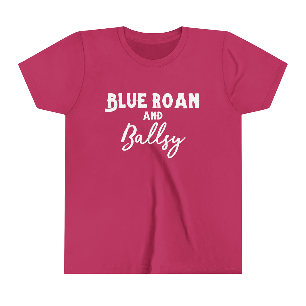 Berry youth short sleeve with white lettering reading "Blue Roan and Ballsy". 