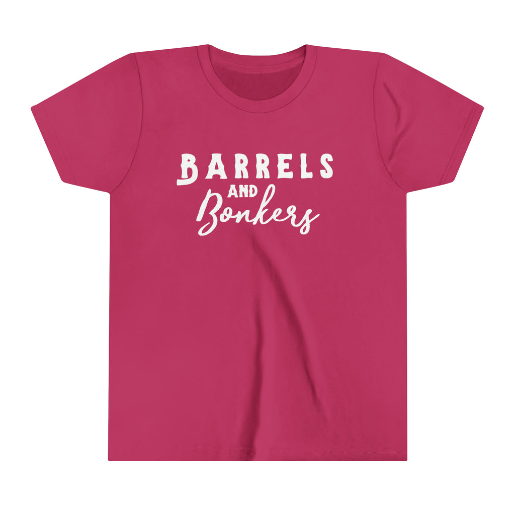 Berry youth short sleeve with white lettering reading "Barrels and Bonkers".
