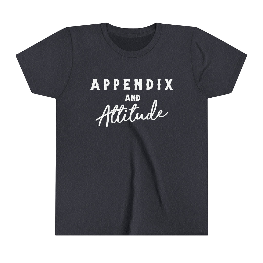 Navy short sleeve with white lettering that says "Appendix and Attitude".
