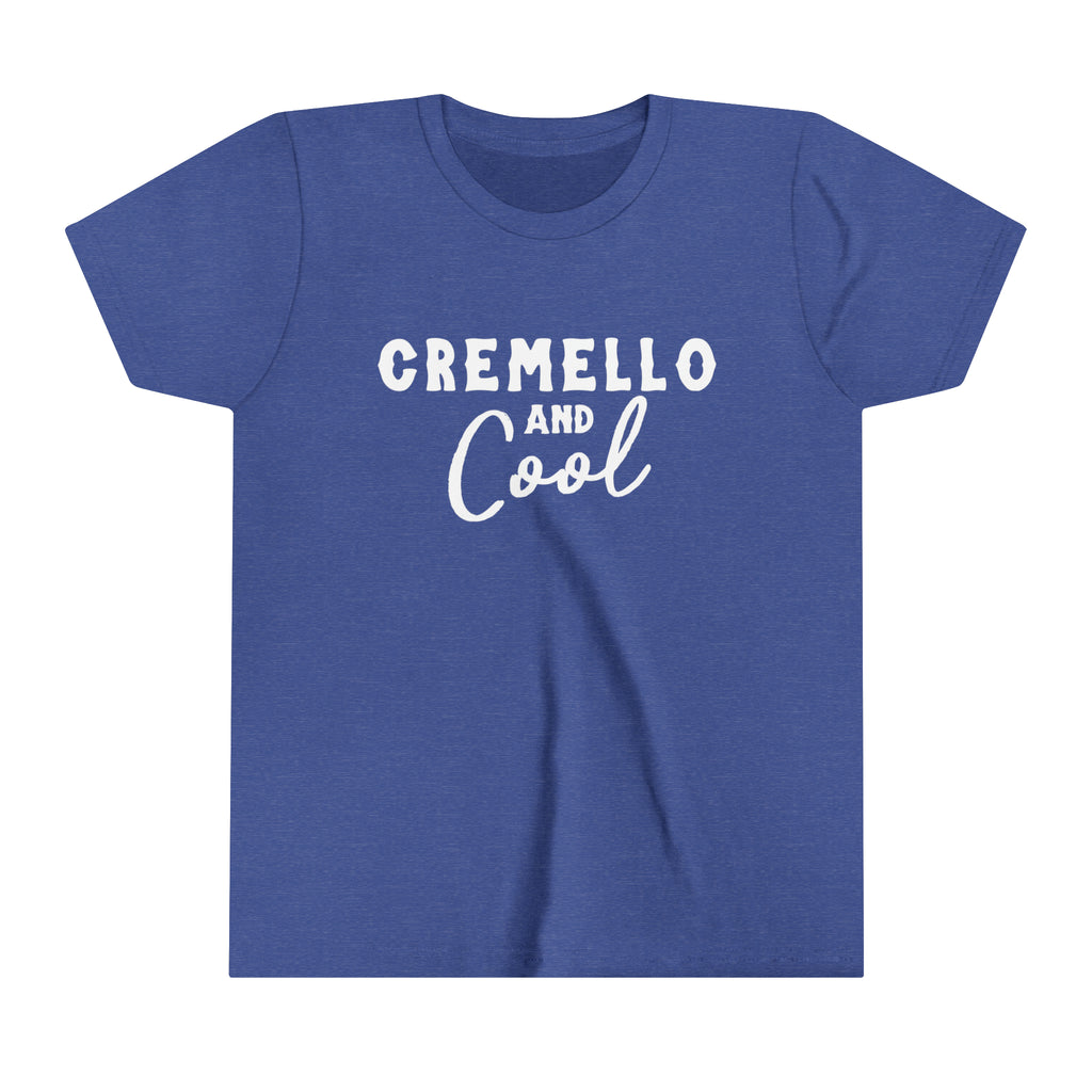 Royal youth short sleeve tee with white lettering reading "Cremello and Cool". 