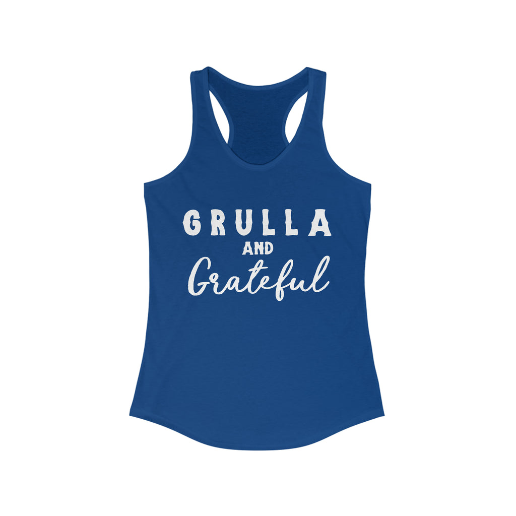 Royal blue tank top with white lettering reading "Grulla and Grateful". 