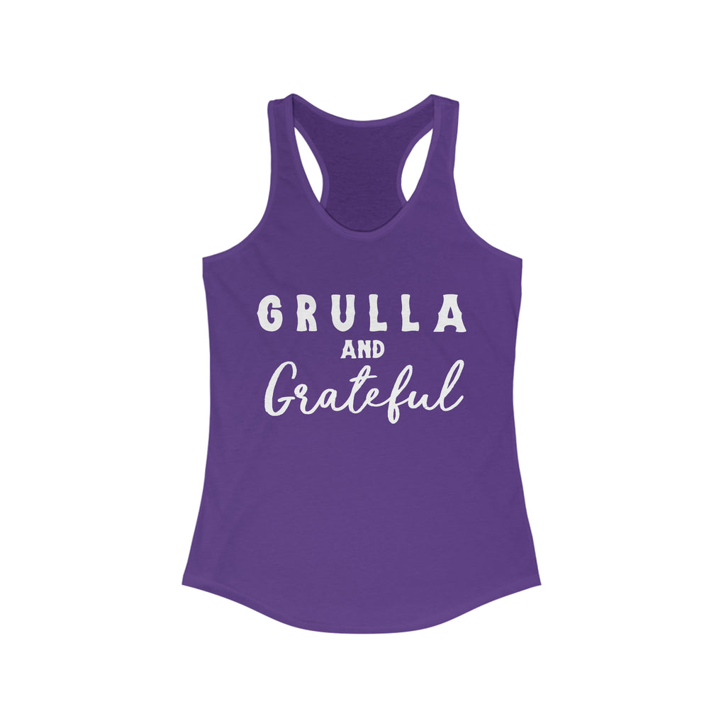 Purple tank top with white lettering reading "Grulla and Grateful". 