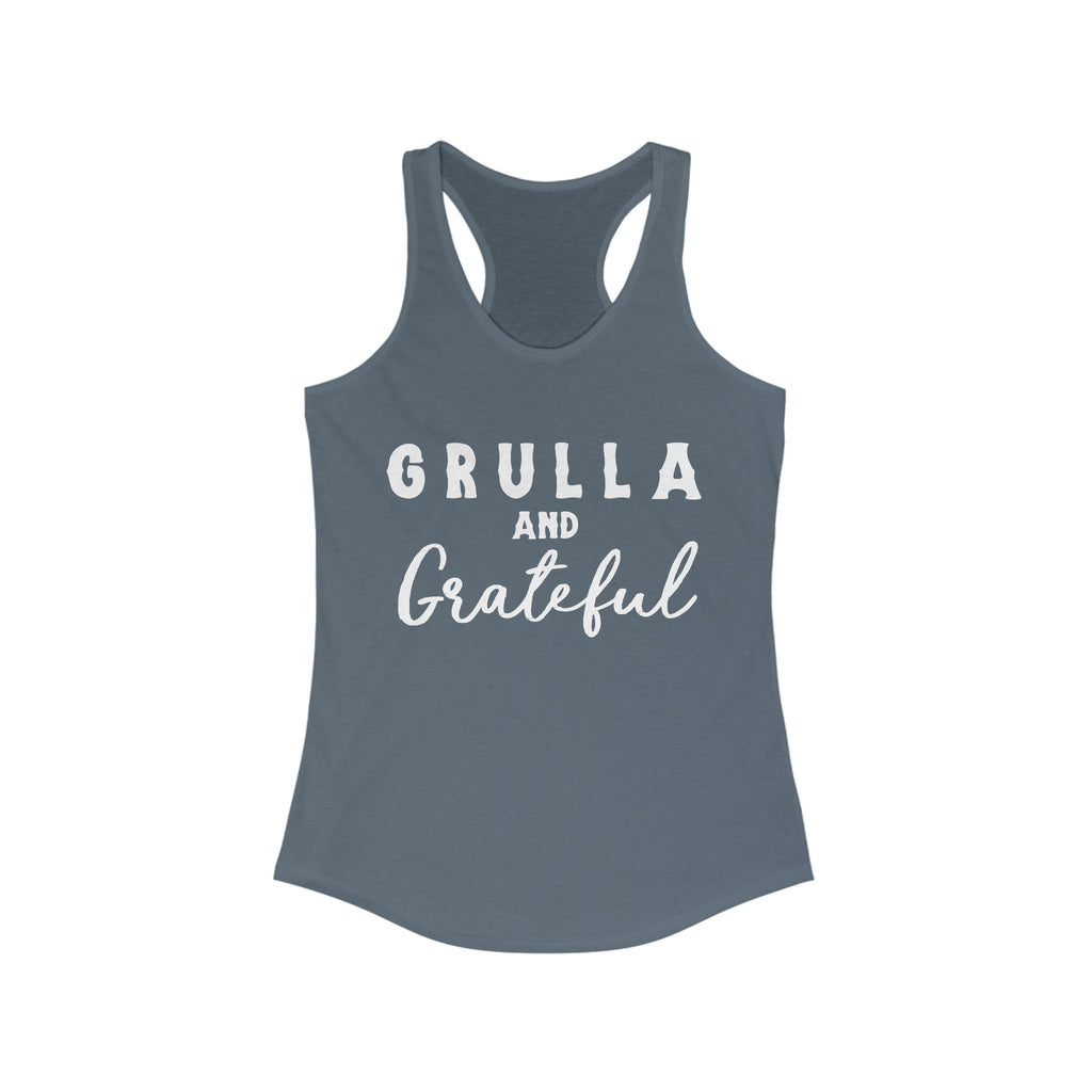 Indigo tank top with white lettering reading "Grulla and Grateful". 