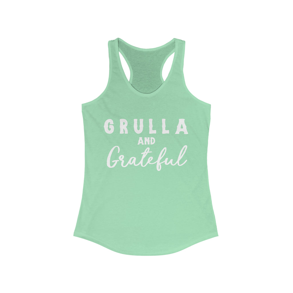 Mint tank top with white lettering reading "Grulla and Grateful". 