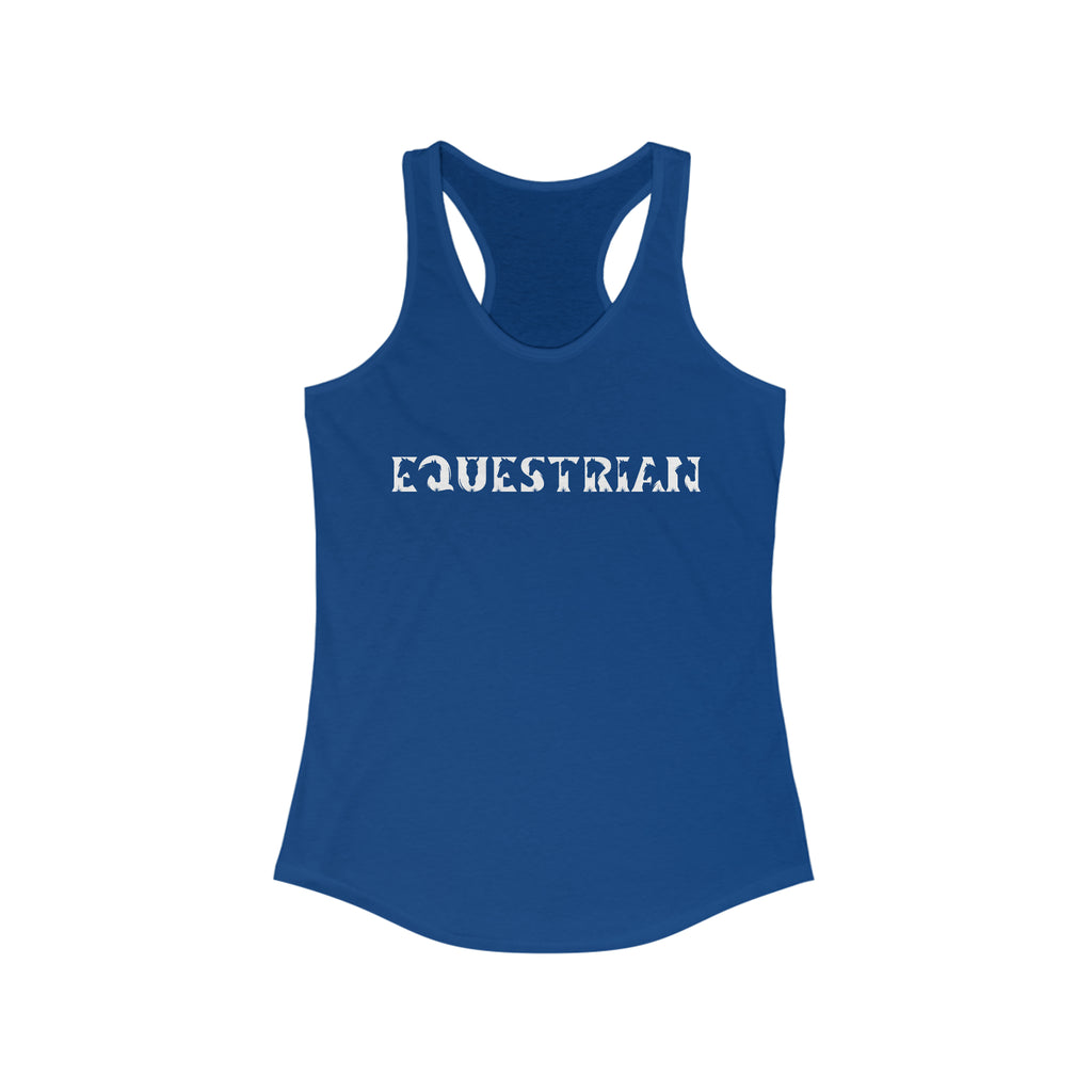 Royal tank top with white lettering reading "Equestrian" with horse cutouts in the lettering.