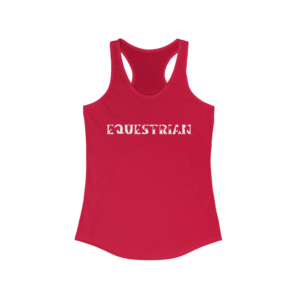 Red tank top with white lettering reading "Equestrian" with horse cutouts in the lettering.