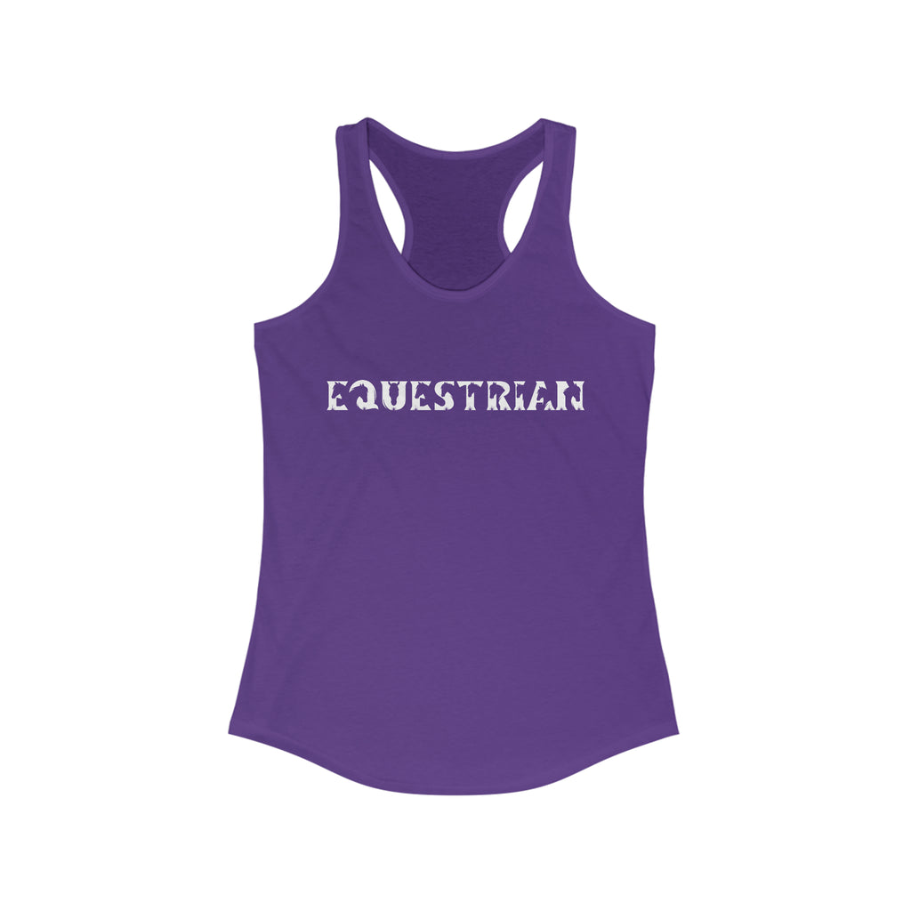 Purple tank top with white lettering reading "Equestrian" with horse cutouts in the lettering.