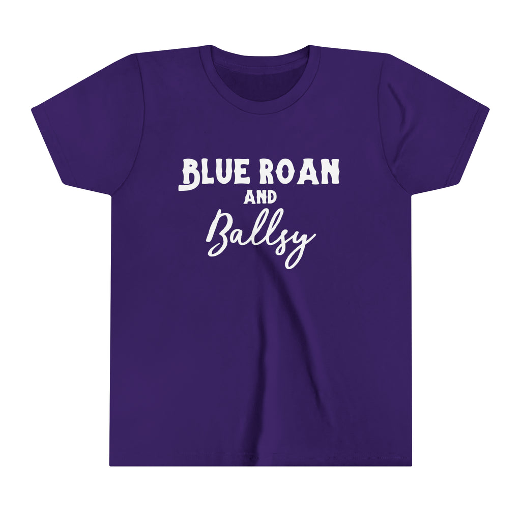 Purple youth short sleeve with white lettering reading "Blue Roan and Ballsy". 