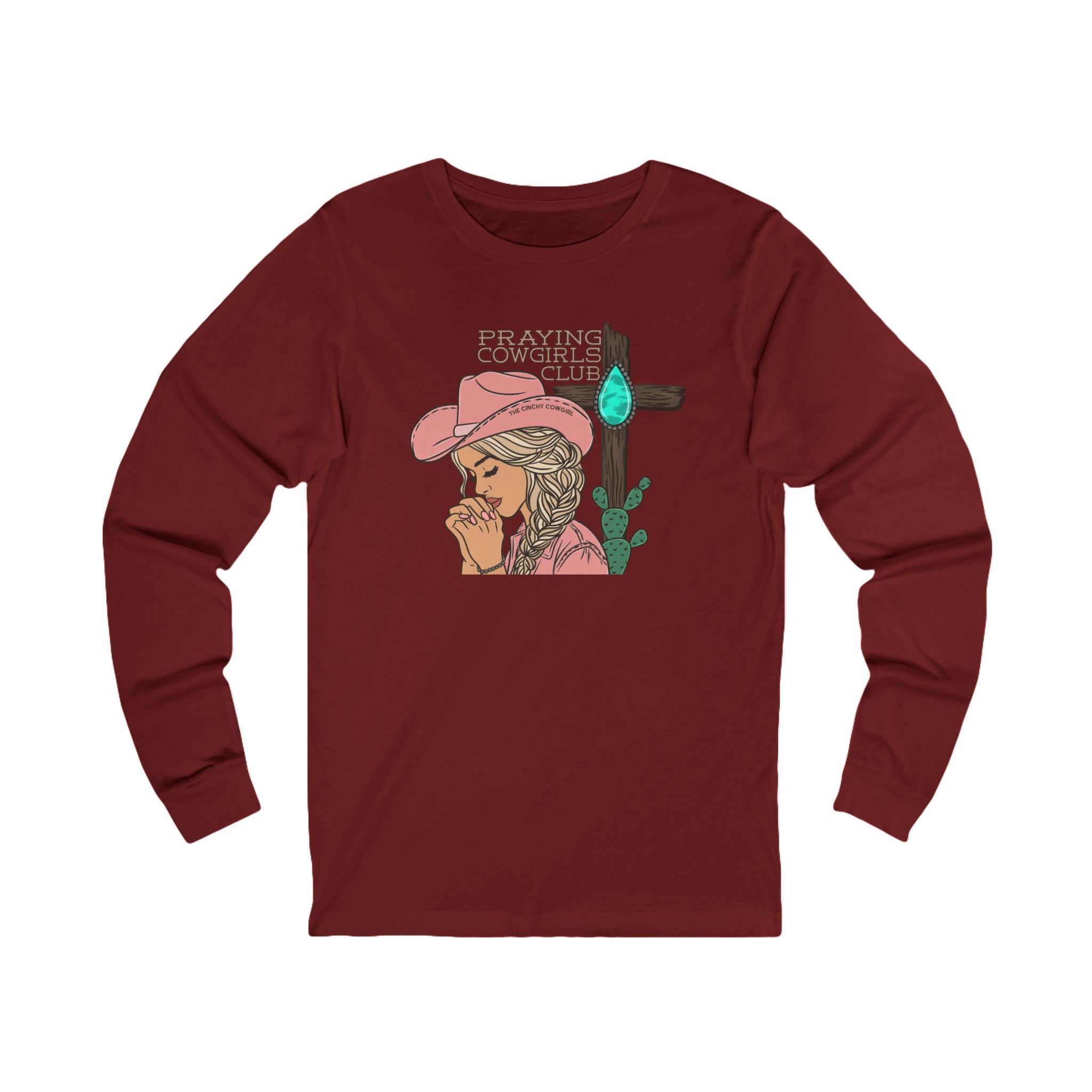 Praying Cowgirls Club Long Sleeve Tee Long-sleeve The Cinchy Cowgirl - Print S Cardinal