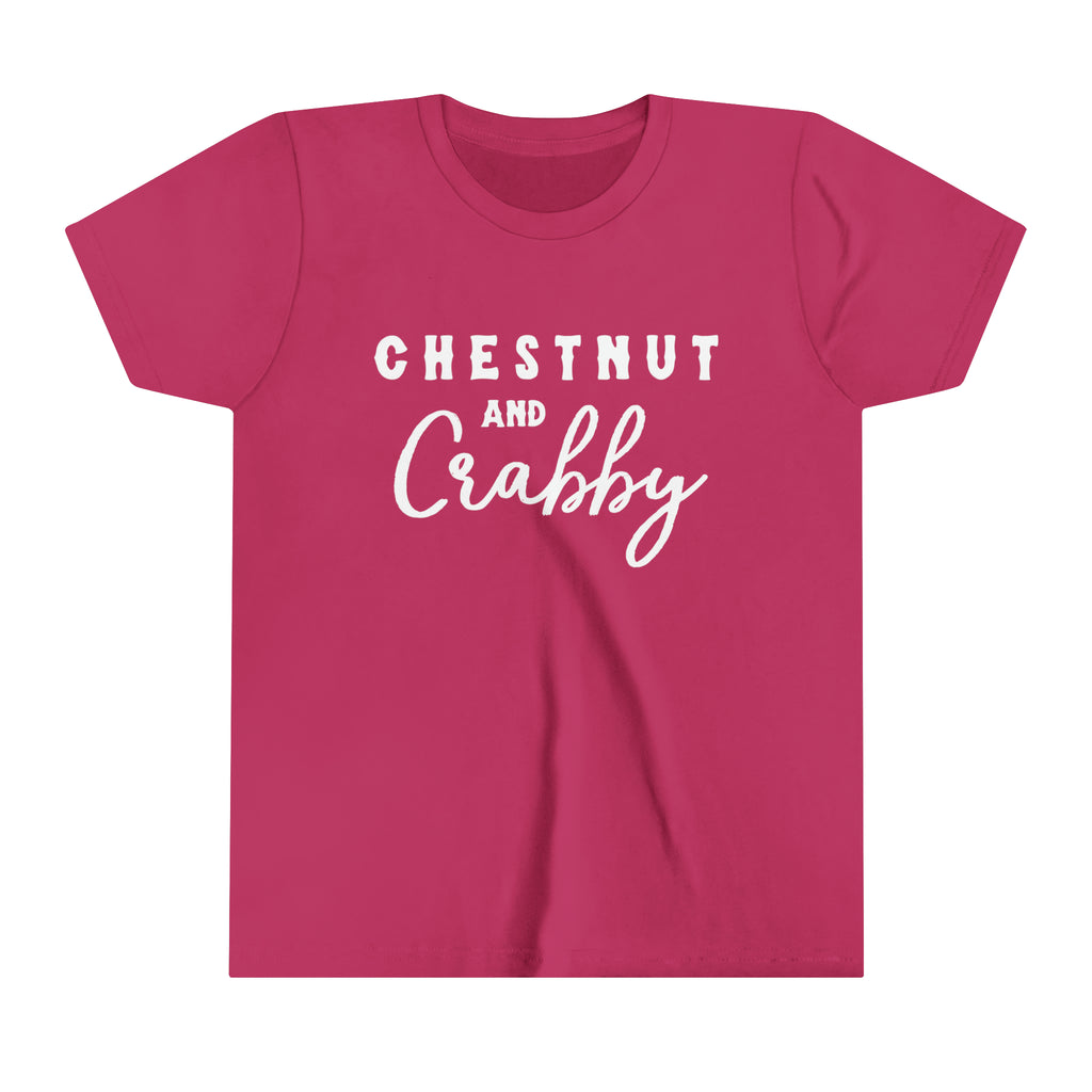 Berry youth short sleeve with white lettering reading "Chestnut and Crabby".