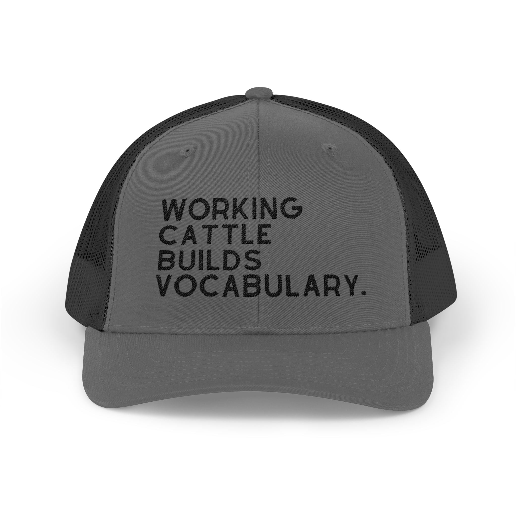Embroidered Working Cattle Builds Vocabulary Trucker Hat [23 Colors] Embroidered TCC Hat The Cinchy Cowgirl - Print Charcoal / Black