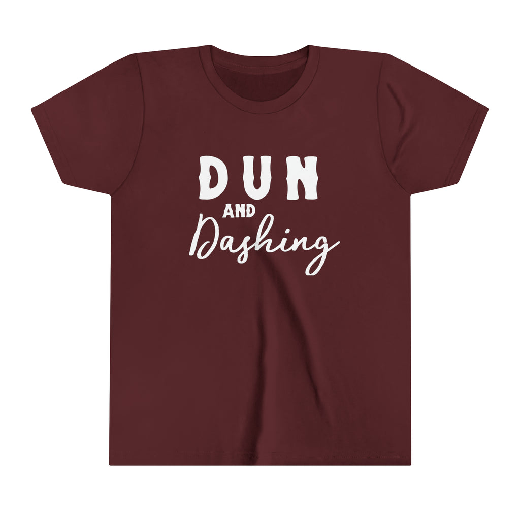 maroon youth short sleeve with white lettering reading "Dun and Dashing".