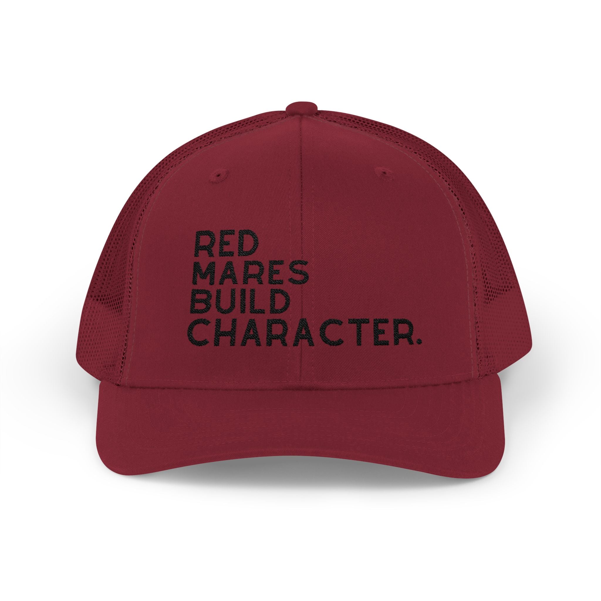 Red Mares Build Character Trucker Hat Embroidered TCC Hat The Cinchy Cowgirl - Print Cranberry