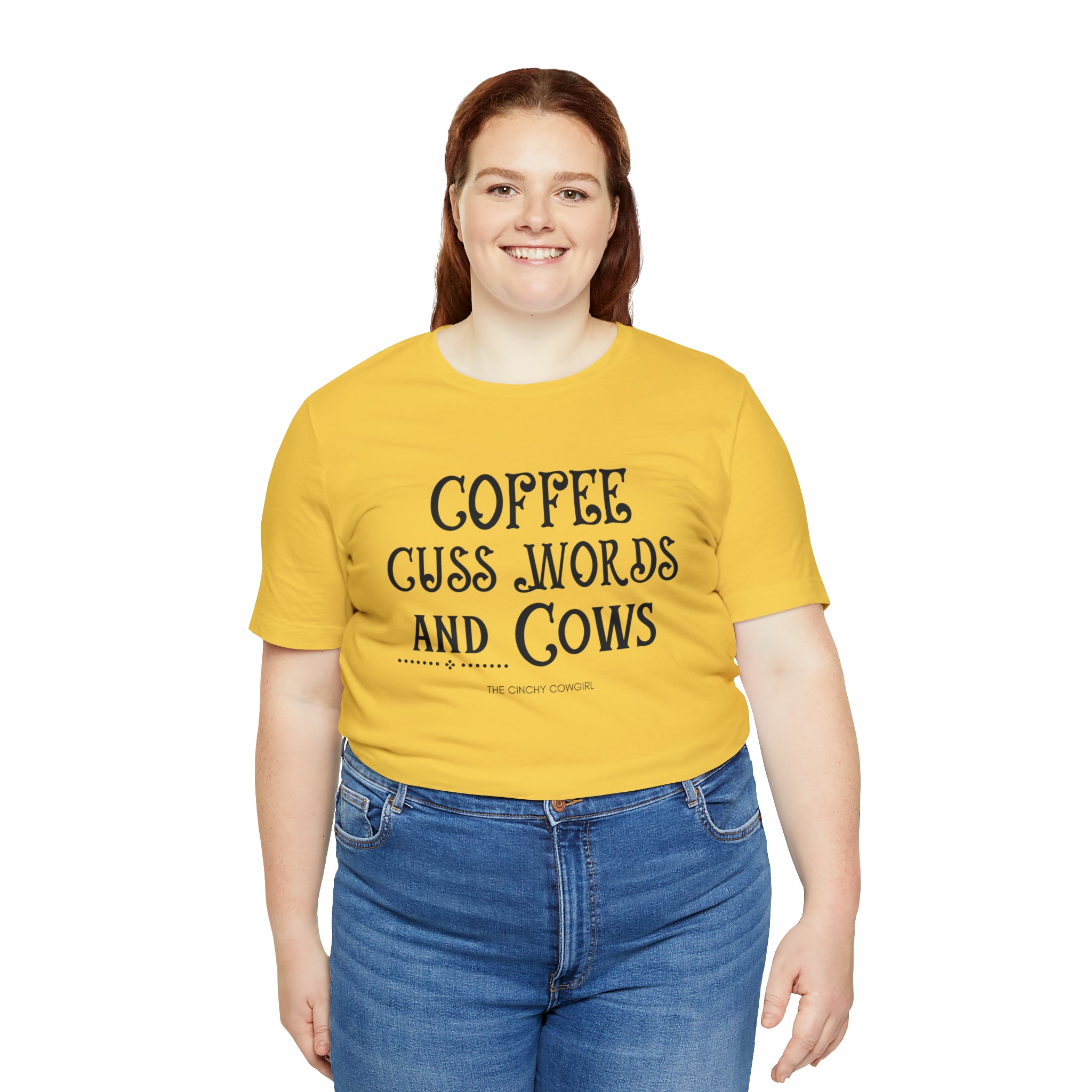 Coffee Cuss Words & Cows Short Sleeve Graphic Tee T-Shirt The Cinchy Cowgirl - Print